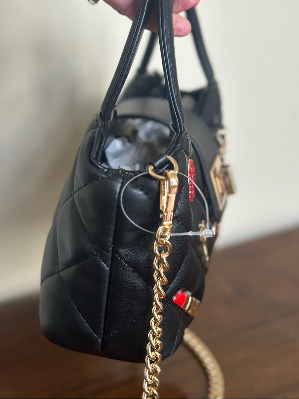 NWT - Aldo Black Quilted Crossbody with Gold Chain and Decorative Pins - Picture 6 of 11